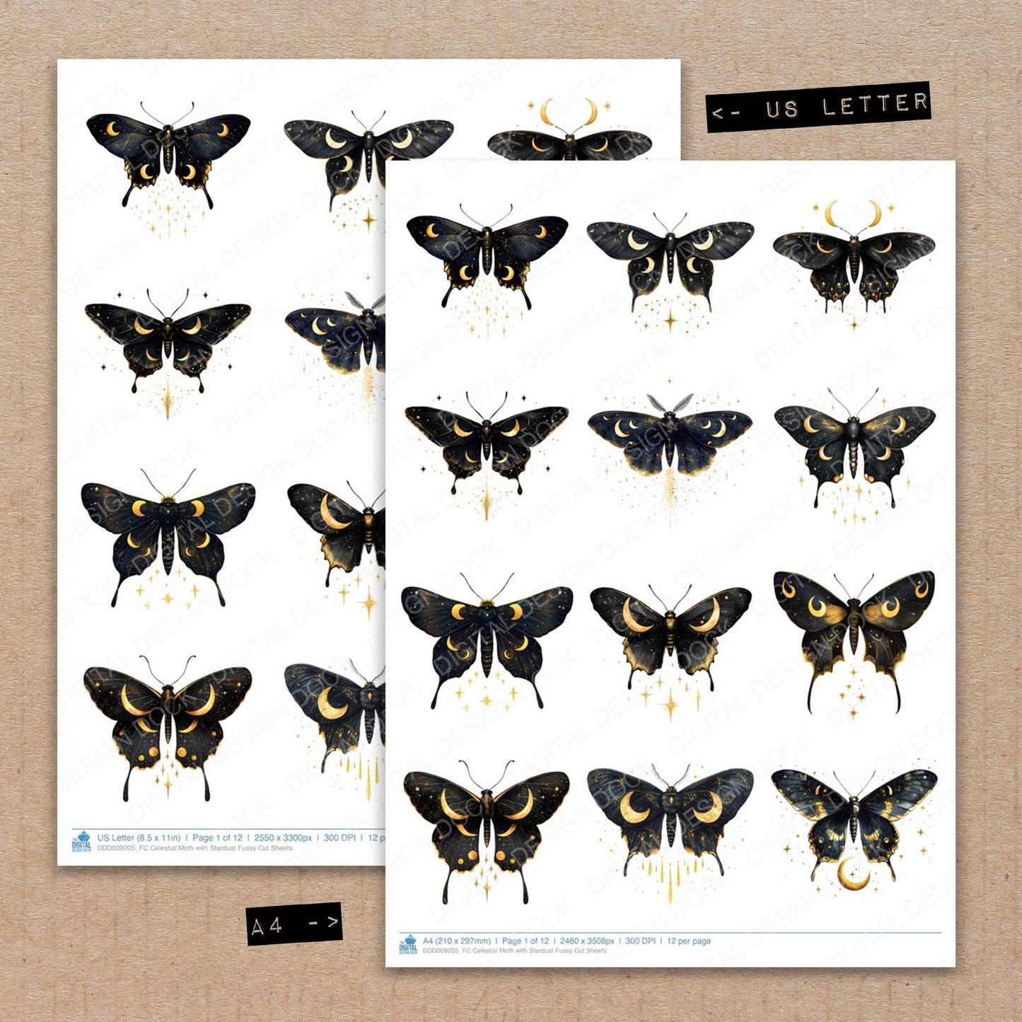A4 and US Letter format comparison showing Celestial Moth with Stardust fussy cut pages for print and cut crafting