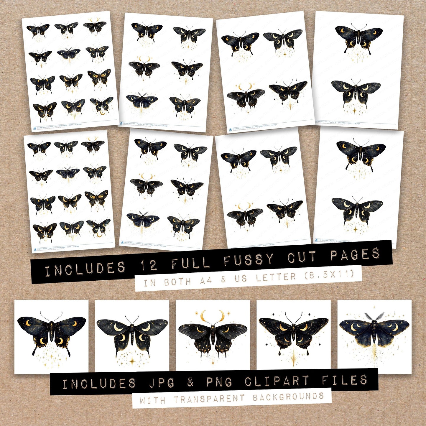 Full collection view of Celestial Moth with Stardust fussy cut sheets with bonus clipart JPG and PNG files