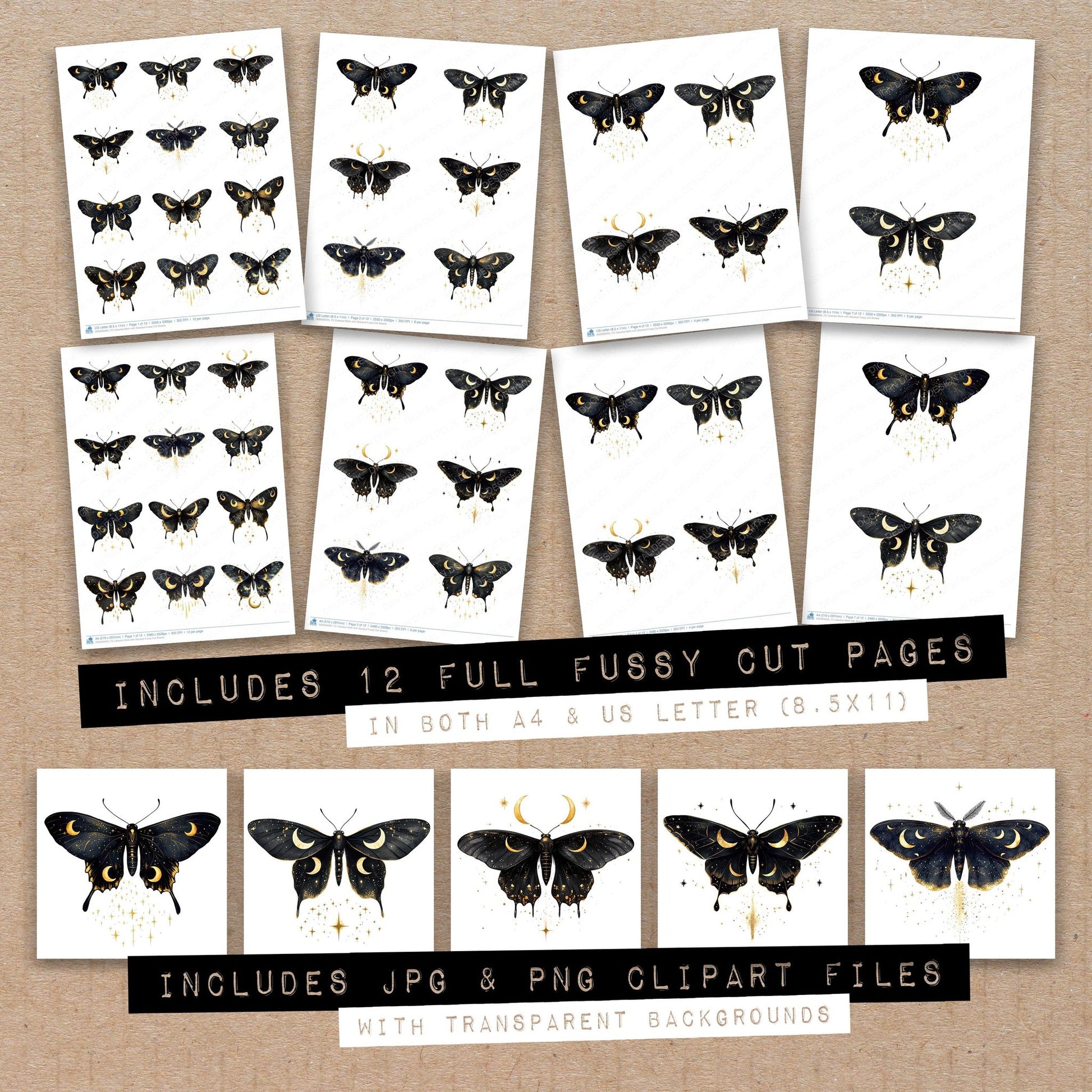 Full collection view of Celestial Moth with Stardust fussy cut sheets with bonus clipart JPG and PNG files