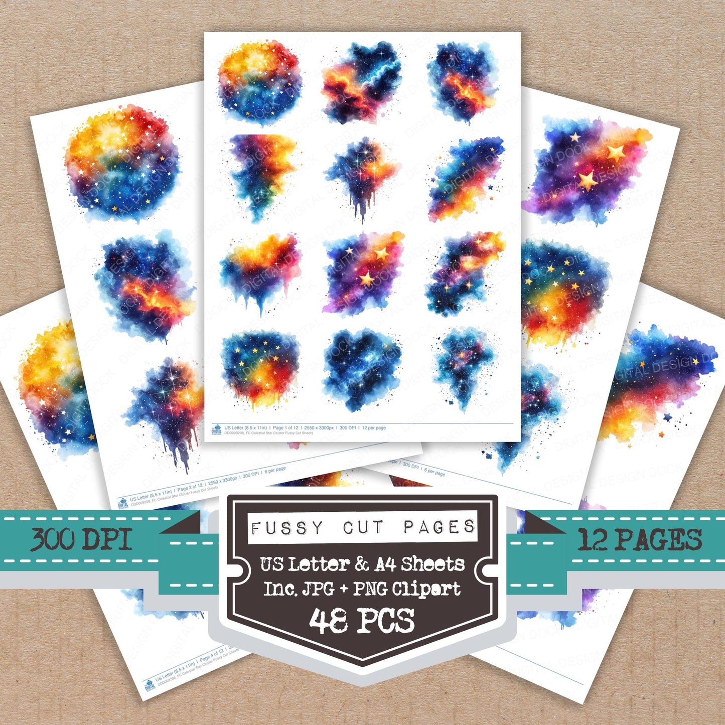 Celestial Star Cluster fussy cut printable sheets for junk journaling, scrapbooking, and paper craft projects