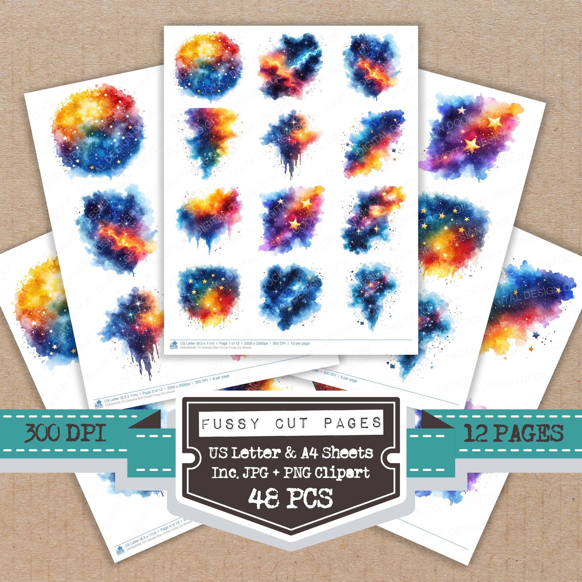 Celestial Star Cluster fussy cut printable sheets for junk journaling, scrapbooking, and paper craft projects