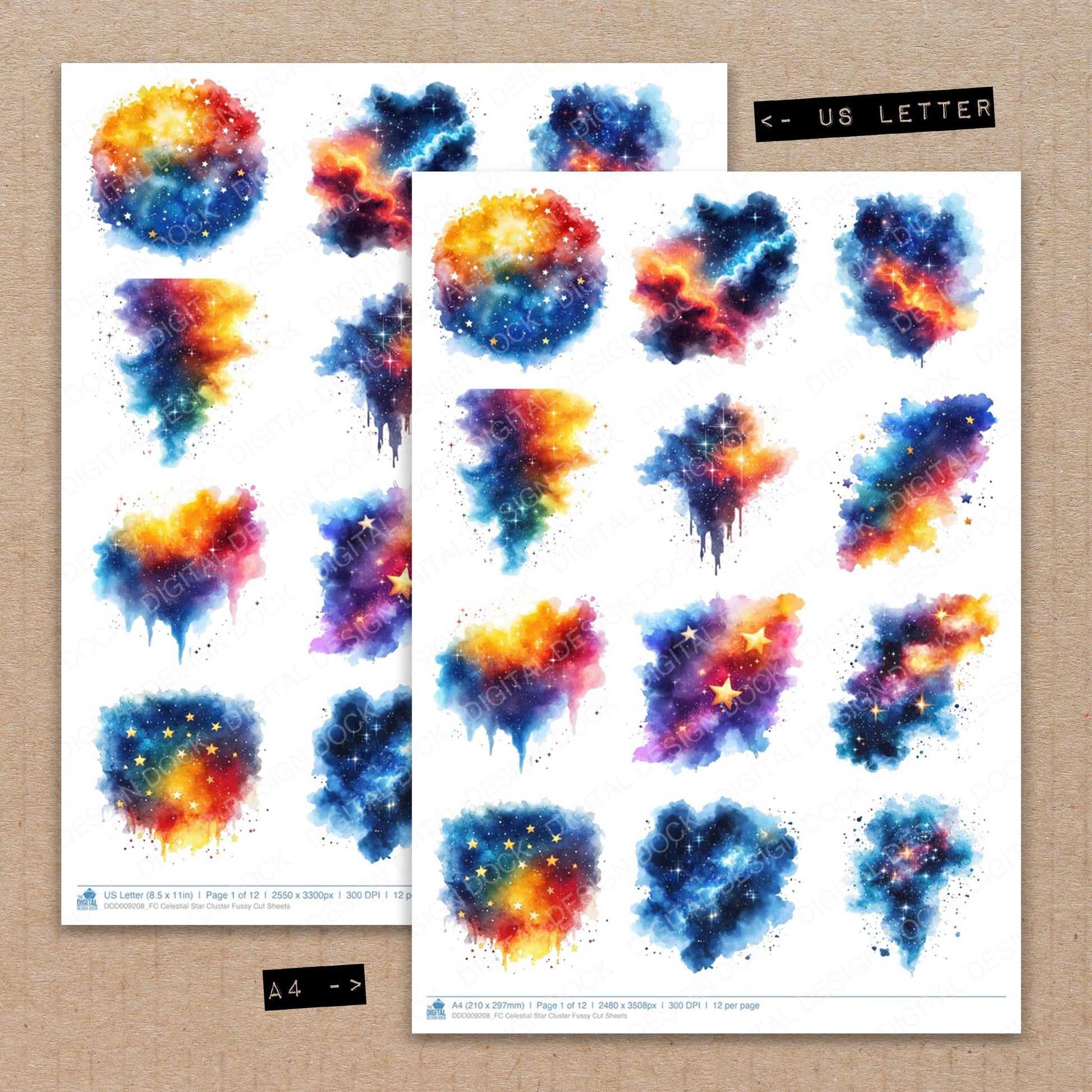A4 and US Letter format comparison showing Celestial Star Cluster fussy cut pages for print and cut crafting