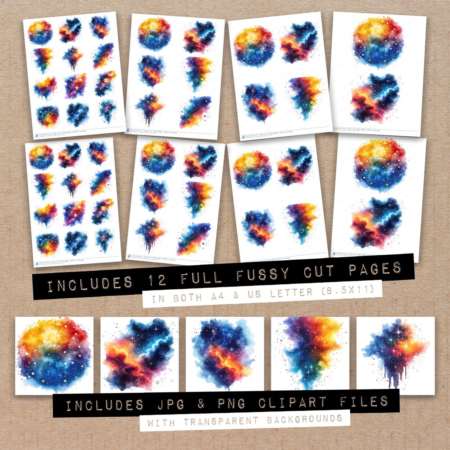 Full collection view of Celestial Star Cluster fussy cut sheets with bonus clipart JPG and PNG files