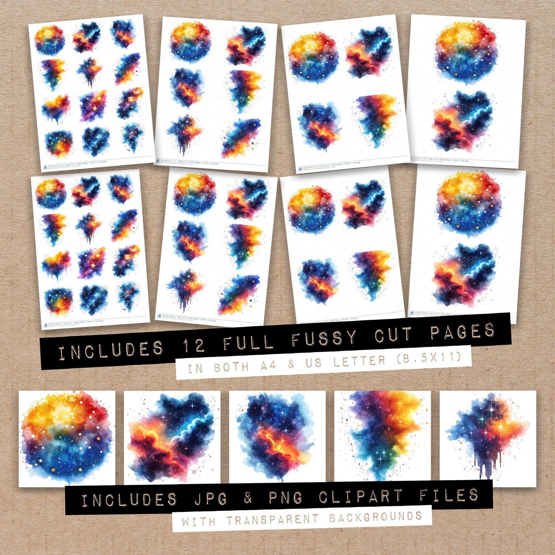 Full collection view of Celestial Star Cluster fussy cut sheets with bonus clipart JPG and PNG files