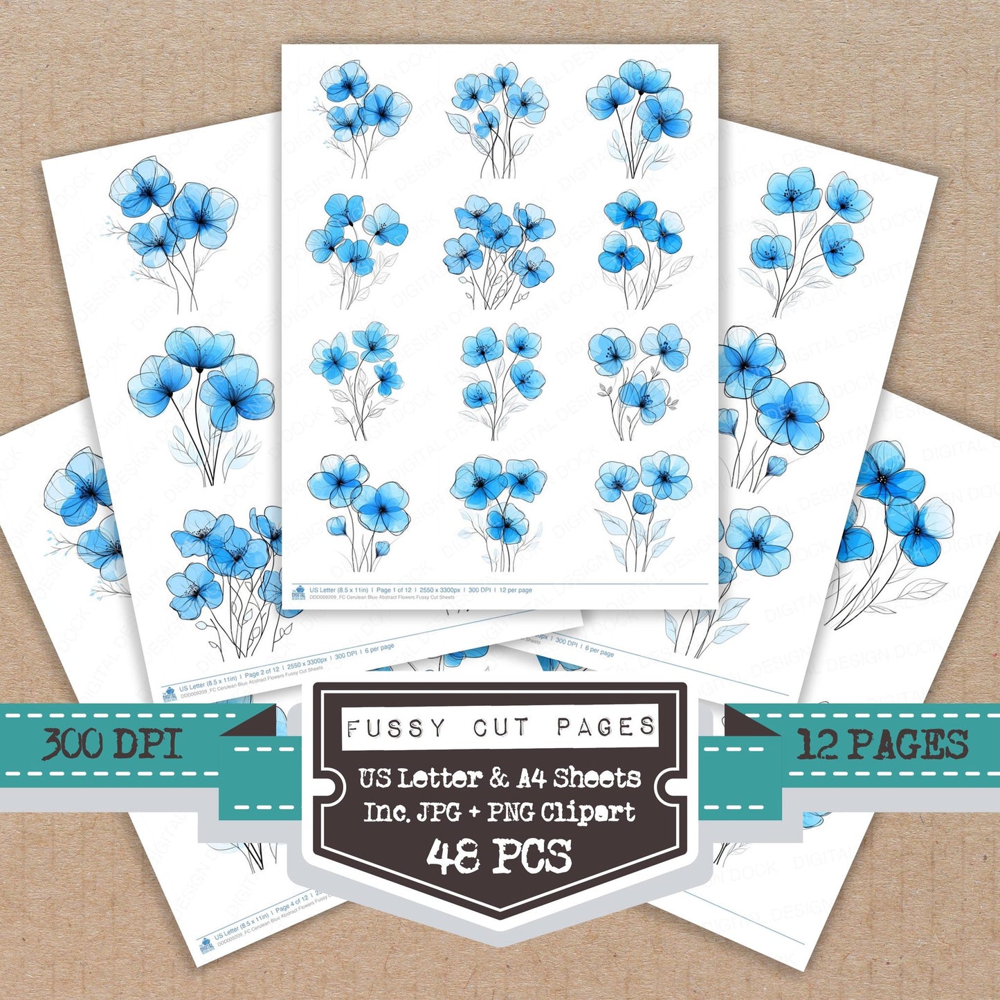 Cerulean Blue Abstract Flowers fussy cut printable sheets for junk journaling, scrapbooking, and paper craft projects