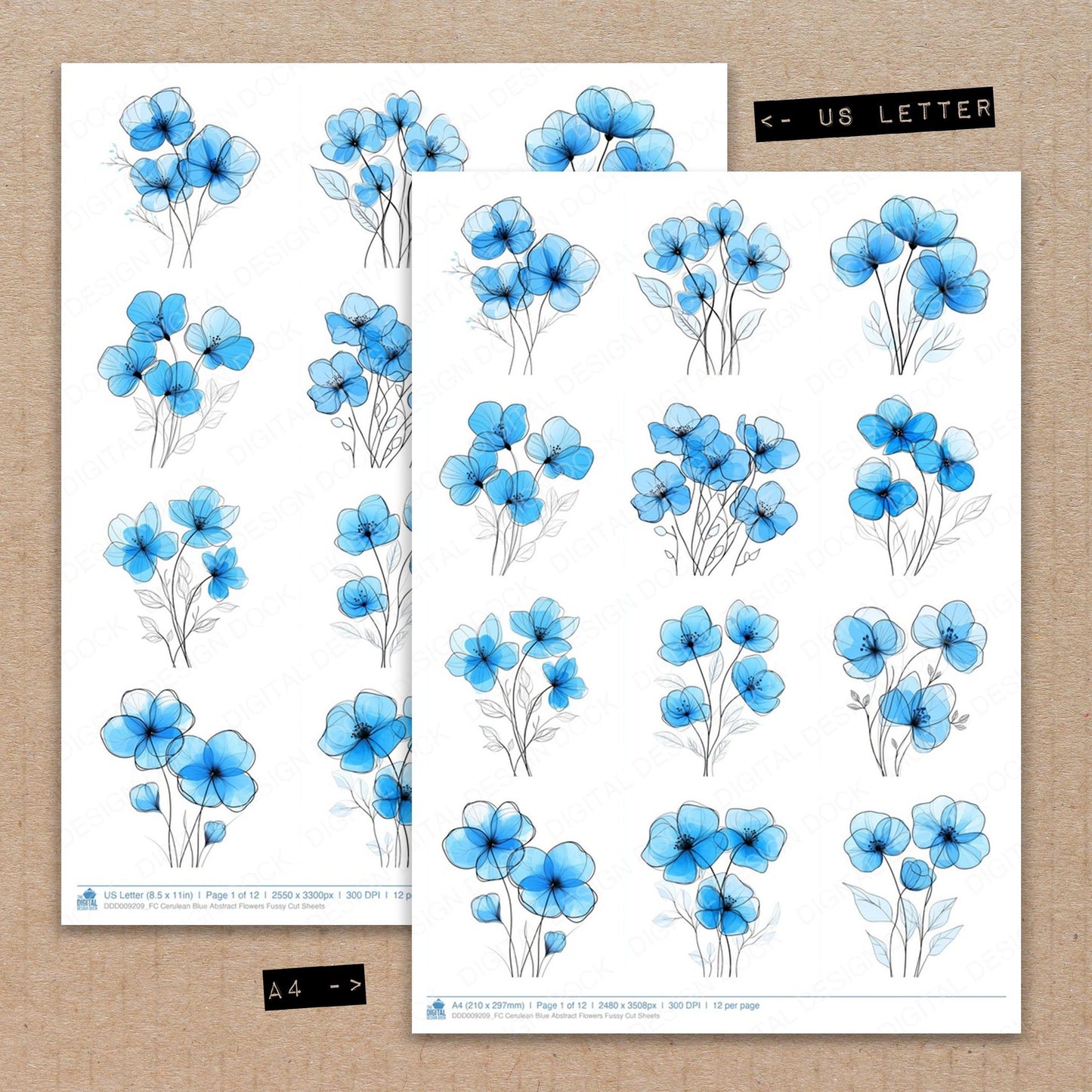 A4 and US Letter format comparison showing Cerulean Blue Abstract Flowers fussy cut pages for print and cut crafting