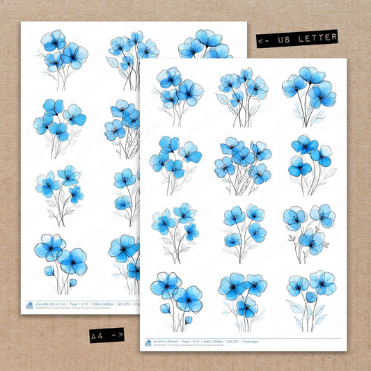 A4 and US Letter format comparison showing Cerulean Blue Abstract Flowers fussy cut pages for print and cut crafting