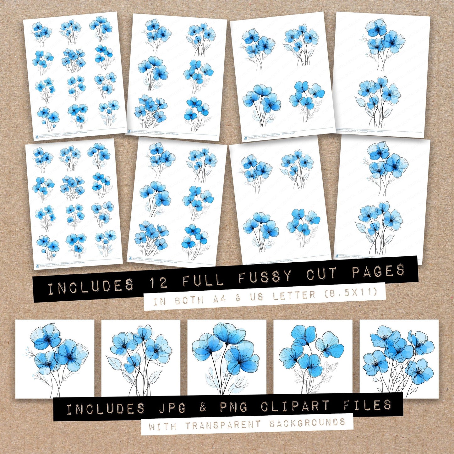 Full collection view of Cerulean Blue Abstract Flowers fussy cut sheets with bonus clipart JPG and PNG files