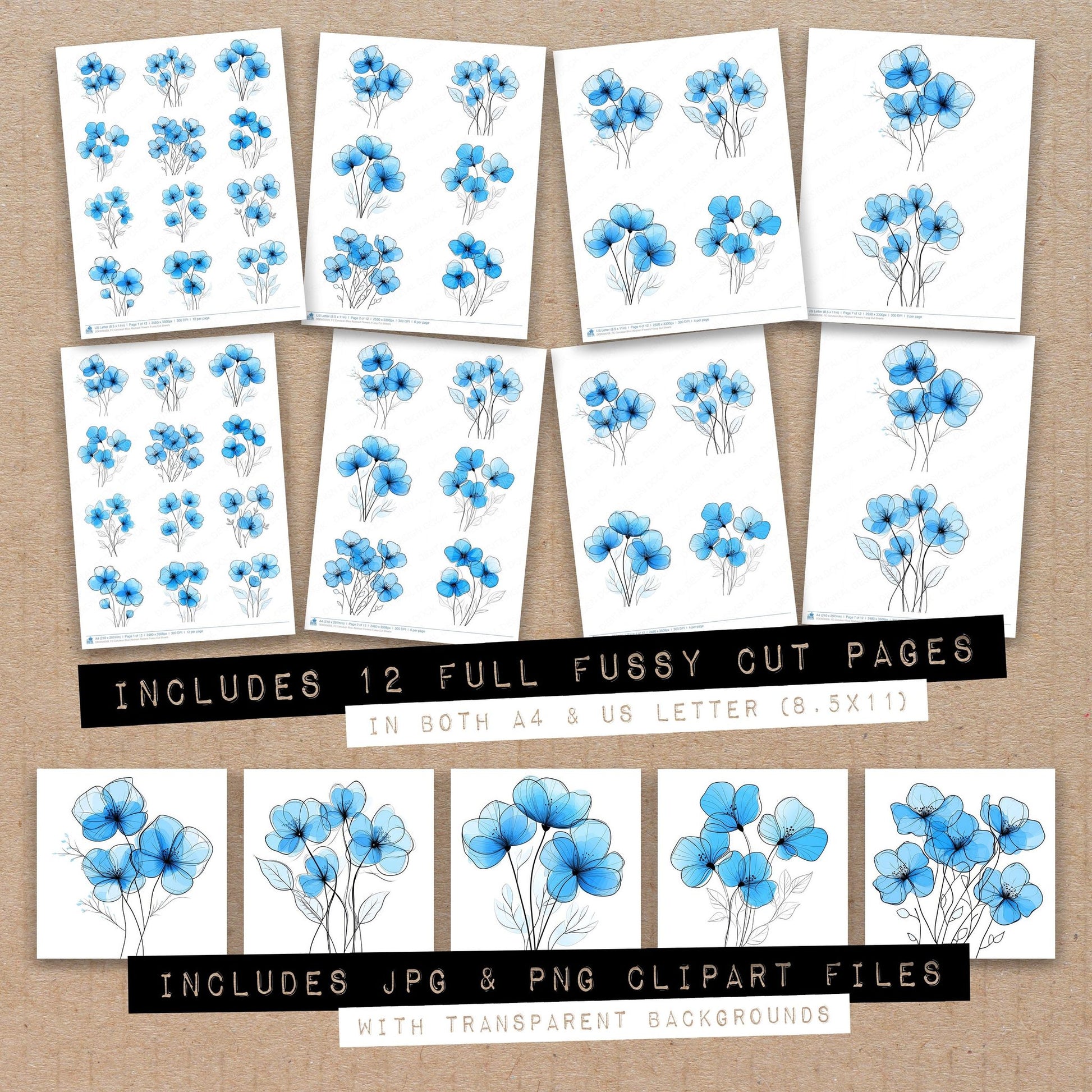 Full collection view of Cerulean Blue Abstract Flowers fussy cut sheets with bonus clipart JPG and PNG files