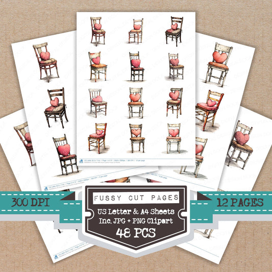 Chair With Heart Cushion fussy cut printable sheets for junk journaling, scrapbooking, and paper craft projects