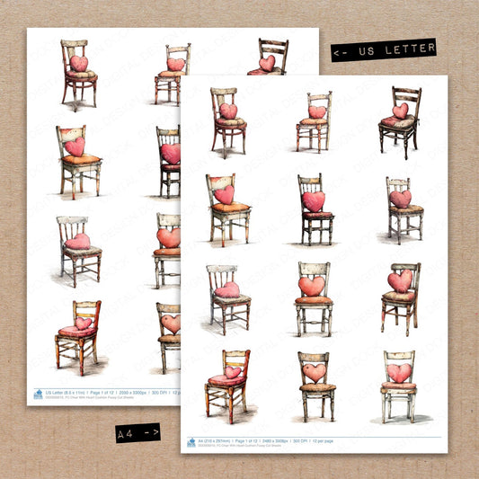 A4 and US Letter format comparison showing Chair With Heart Cushion fussy cut pages for print and cut crafting