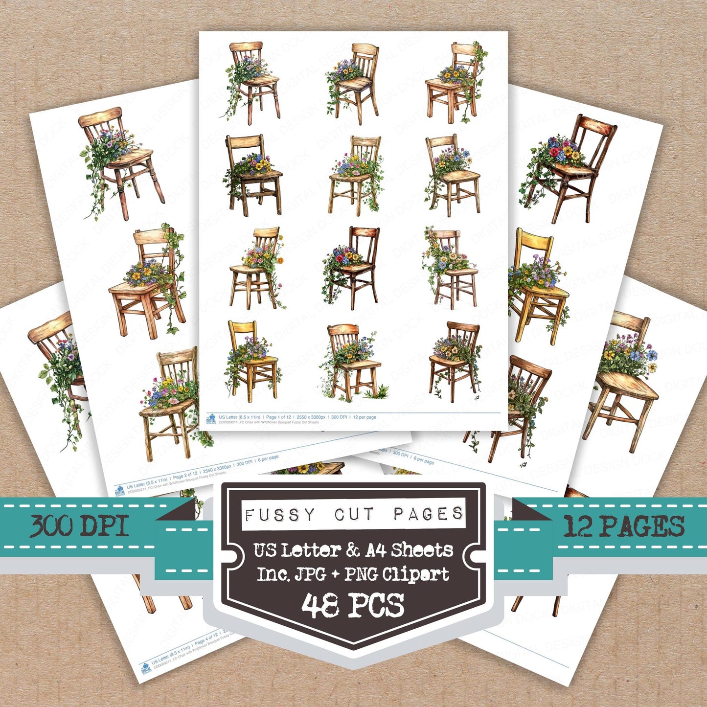 Chair with Wildflower Bouquet fussy cut printable sheets for junk journaling, scrapbooking, and paper craft projects