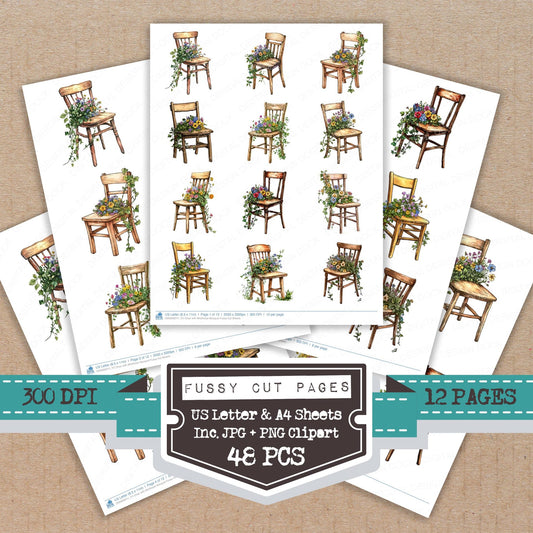 Chair with Wildflower Bouquet fussy cut printable sheets for junk journaling, scrapbooking, and paper craft projects