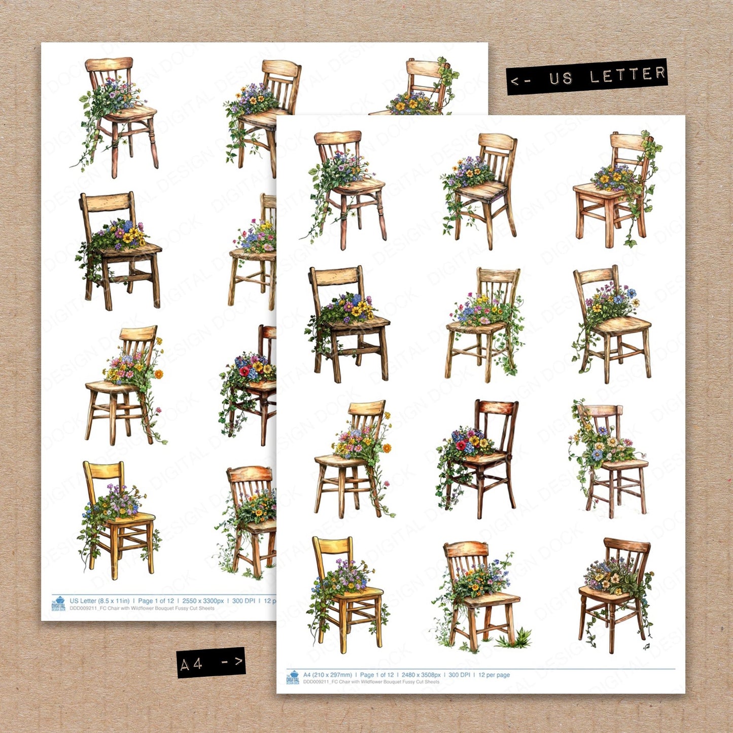 A4 and US Letter format comparison showing Chair with Wildflower Bouquet fussy cut pages for print and cut crafting