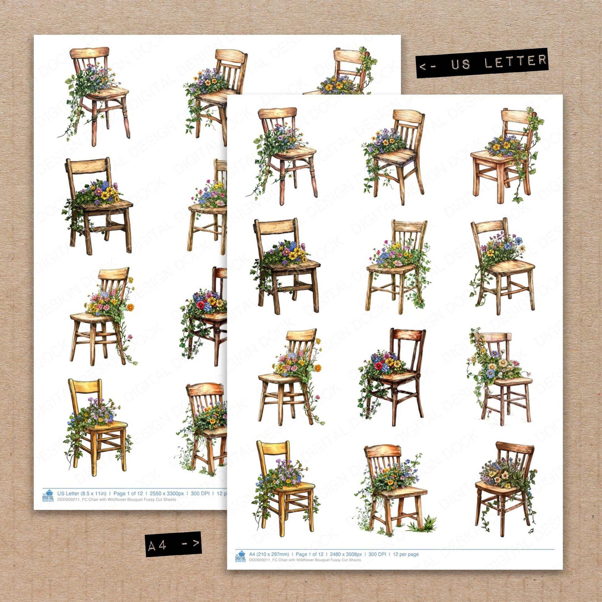A4 and US Letter format comparison showing Chair with Wildflower Bouquet fussy cut pages for print and cut crafting