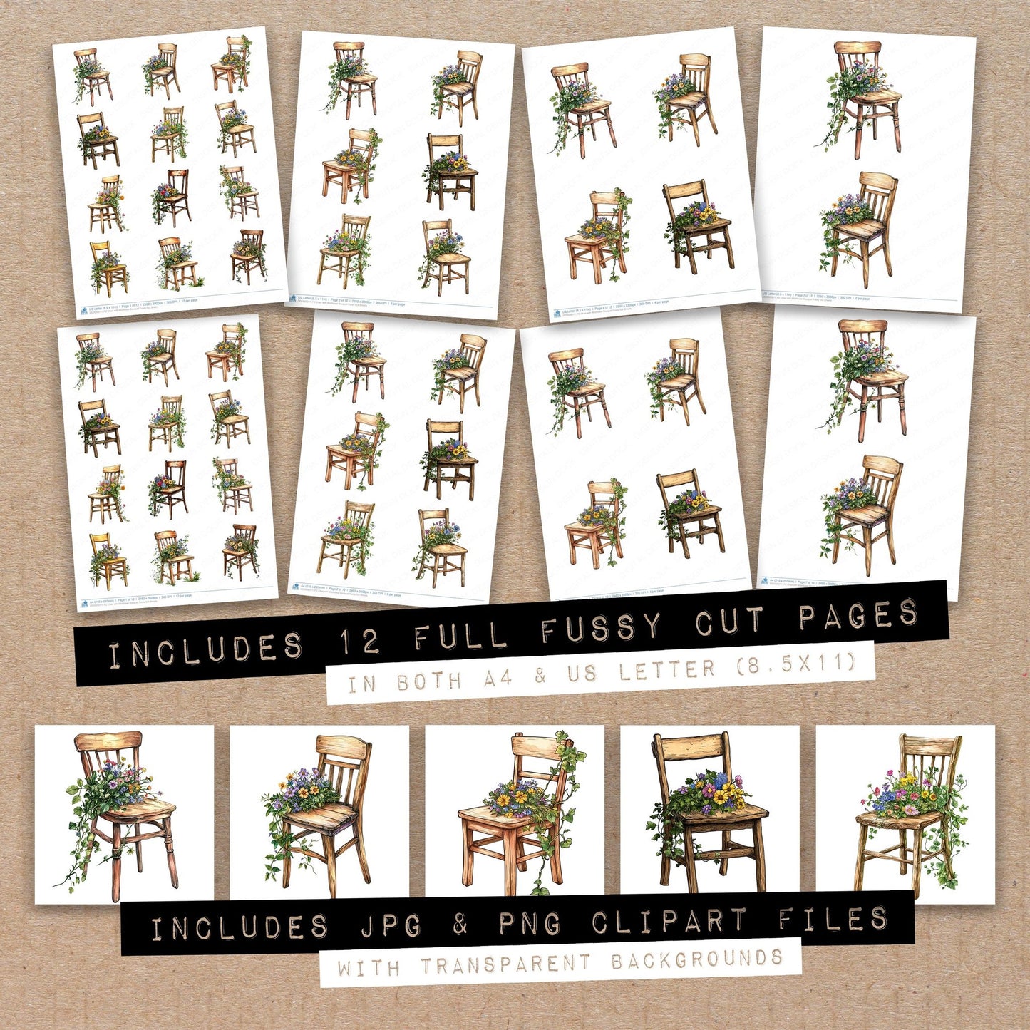 Full collection view of Chair with Wildflower Bouquet fussy cut sheets with bonus clipart JPG and PNG files