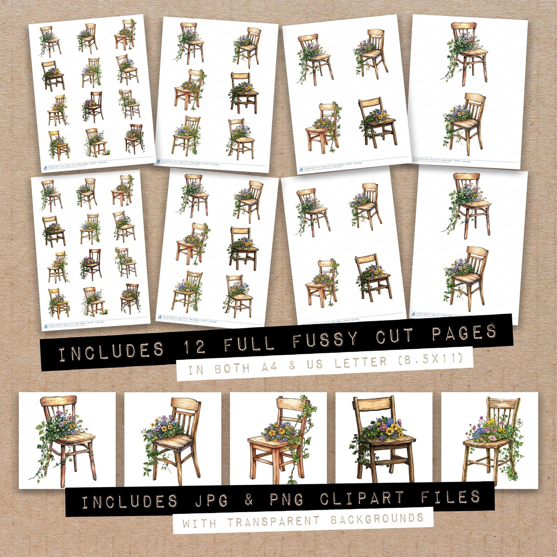 Full collection view of Chair with Wildflower Bouquet fussy cut sheets with bonus clipart JPG and PNG files