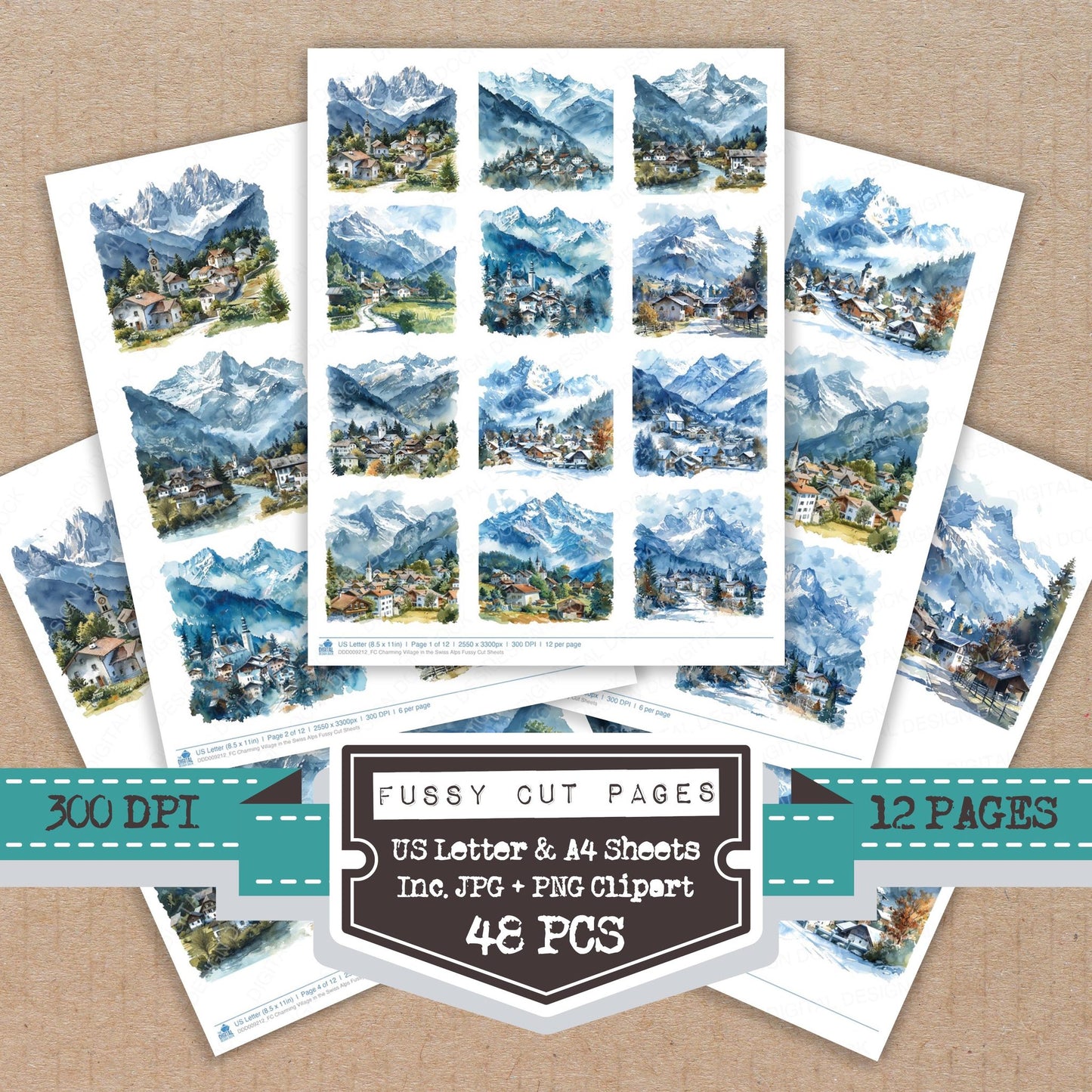 Charming Village in the Swiss Alps fussy cut printable sheets for junk journaling, scrapbooking, and paper craft projects