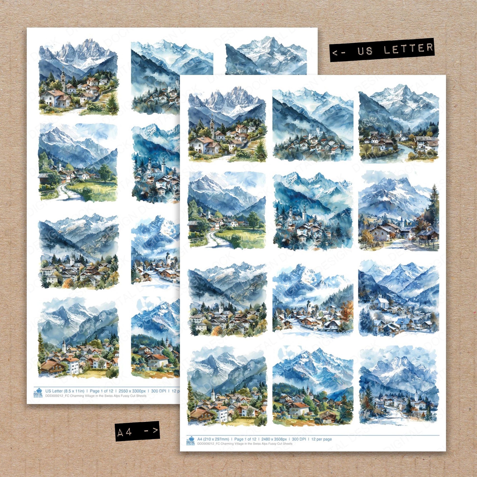 A4 and US Letter format comparison showing Charming Village in the Swiss Alps fussy cut pages for print and cut crafting