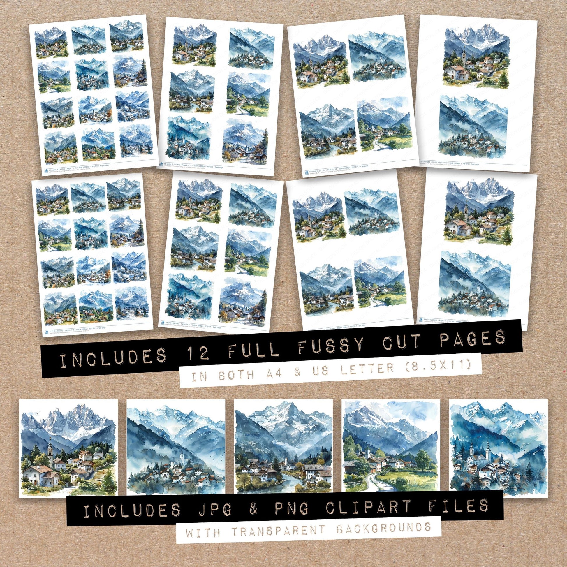 Full collection view of Charming Village in the Swiss Alps fussy cut sheets with bonus clipart JPG and PNG files