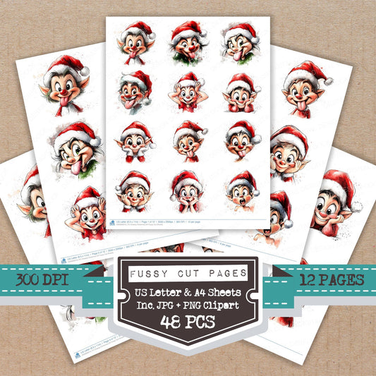 Cheeky Christmas Elf fussy cut printable sheets for junk journaling, scrapbooking, and paper craft projects