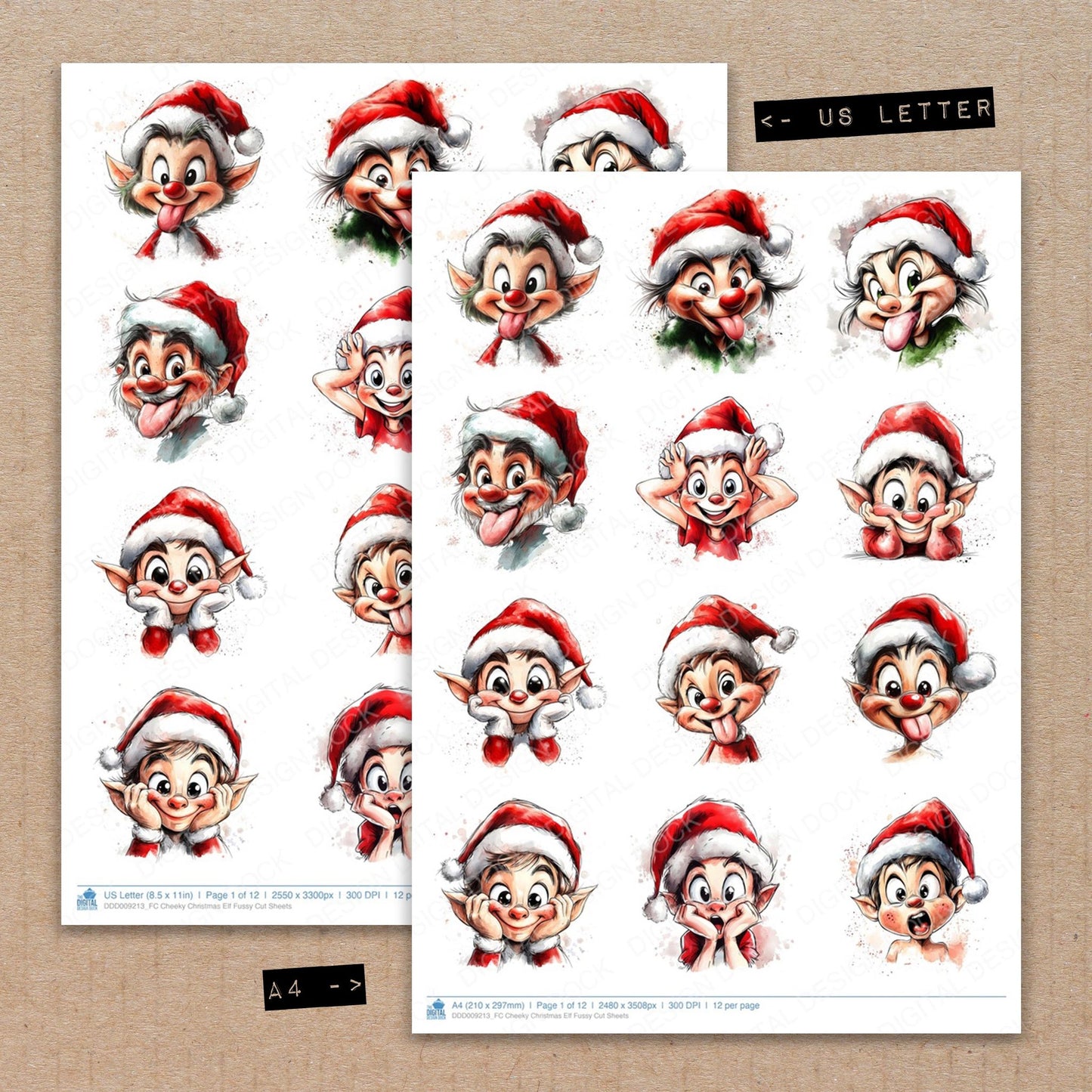 A4 and US Letter format comparison showing Cheeky Christmas Elf fussy cut pages for print and cut crafting