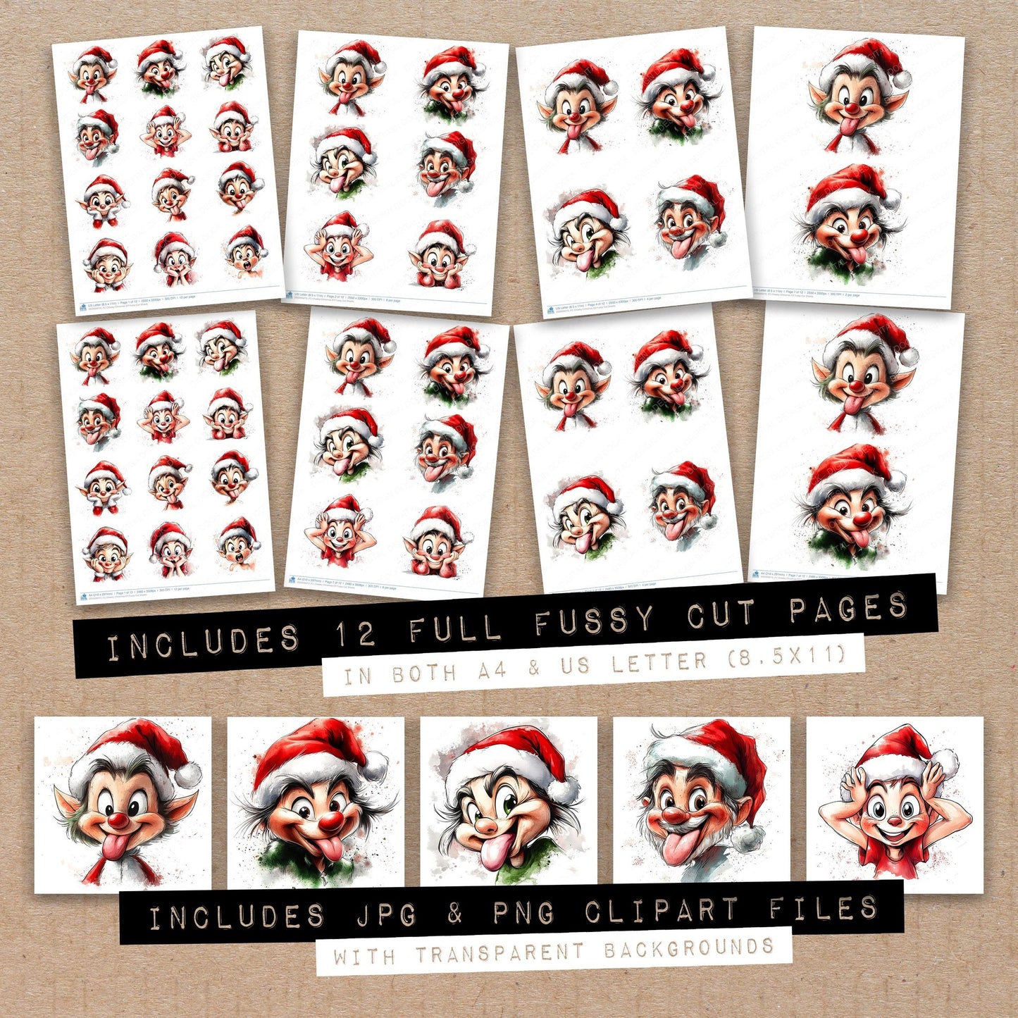 Full collection view of Cheeky Christmas Elf fussy cut sheets with bonus clipart JPG and PNG files