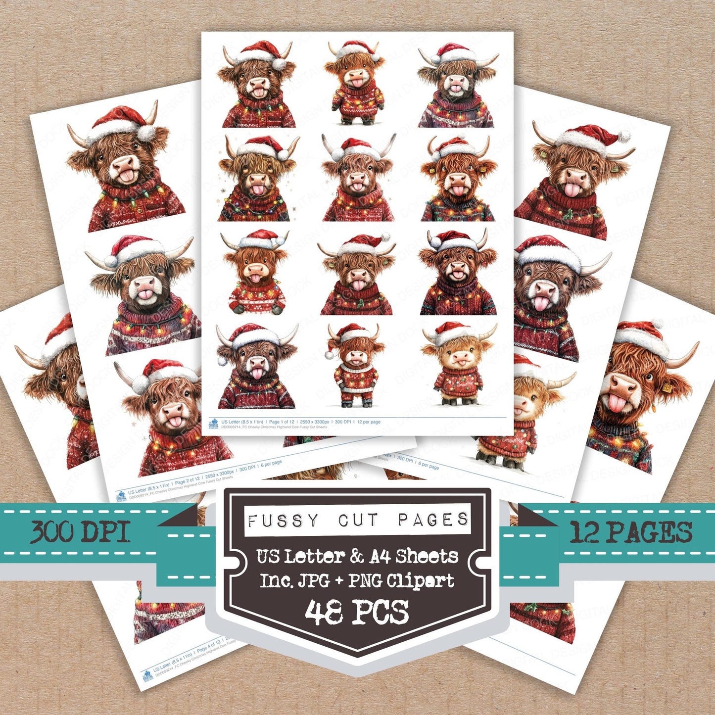 Cheeky Christmas Highland Cow fussy cut printable sheets for junk journaling, scrapbooking, and paper craft projects