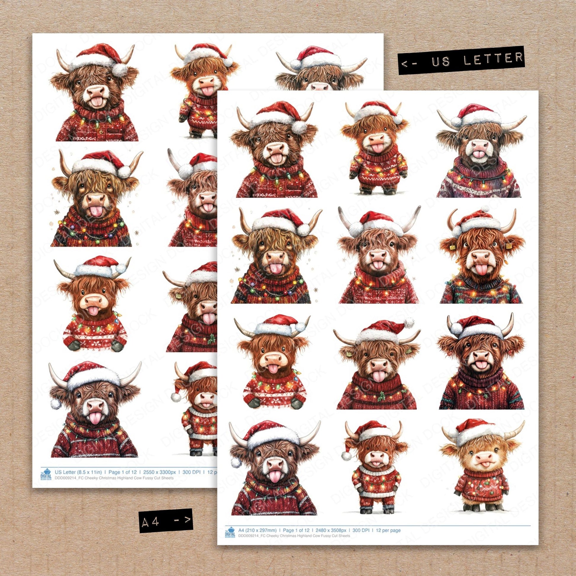 A4 and US Letter format comparison showing Cheeky Christmas Highland Cow fussy cut pages for print and cut crafting
