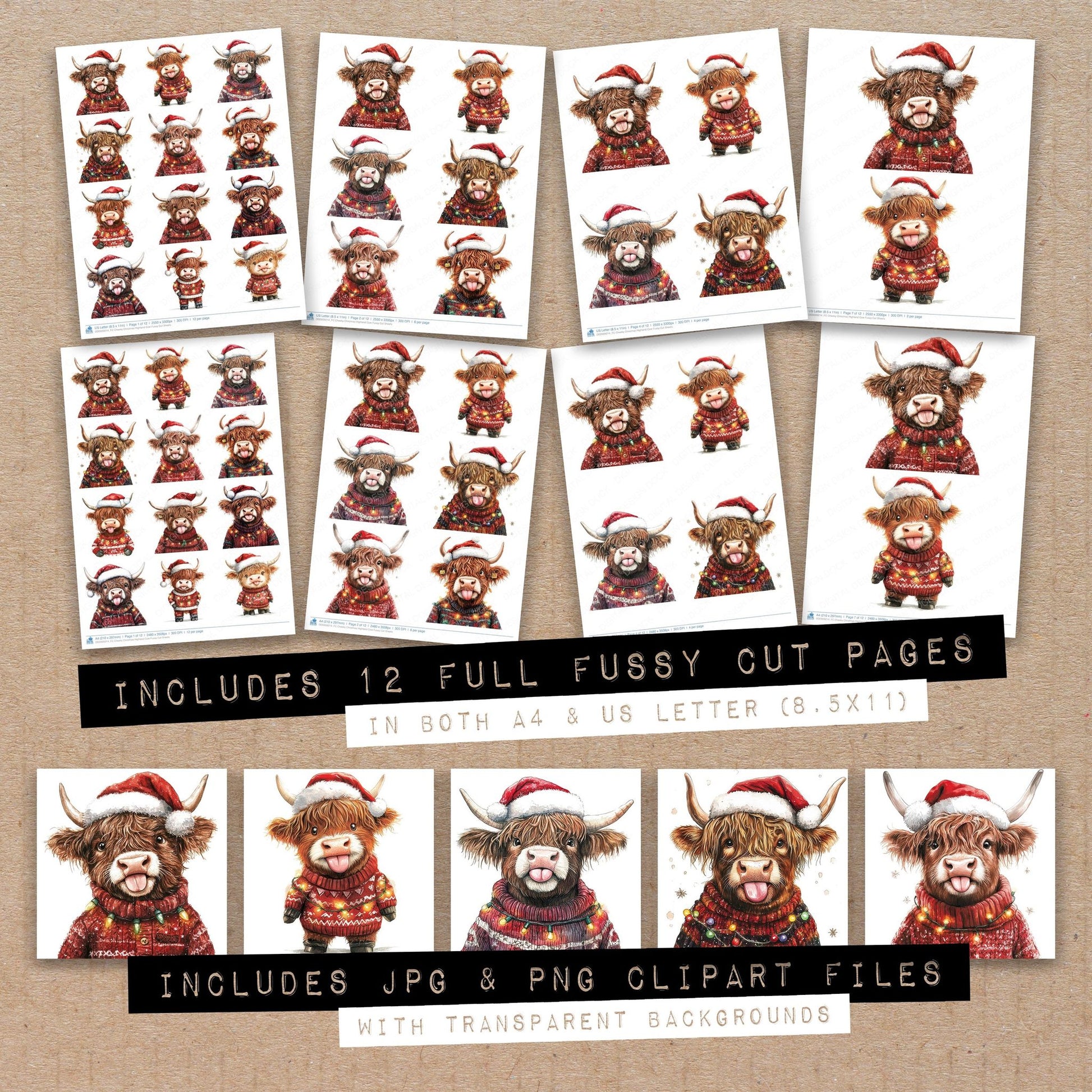Full collection view of Cheeky Christmas Highland Cow fussy cut sheets with bonus clipart JPG and PNG files