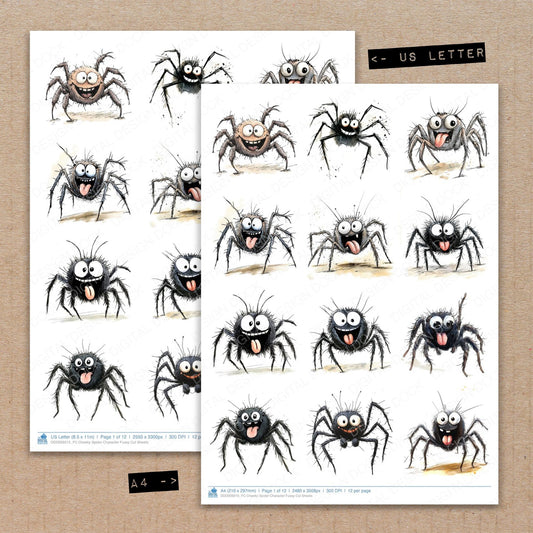 A4 and US Letter format comparison showing Cheeky Spider Character fussy cut pages for print and cut crafting