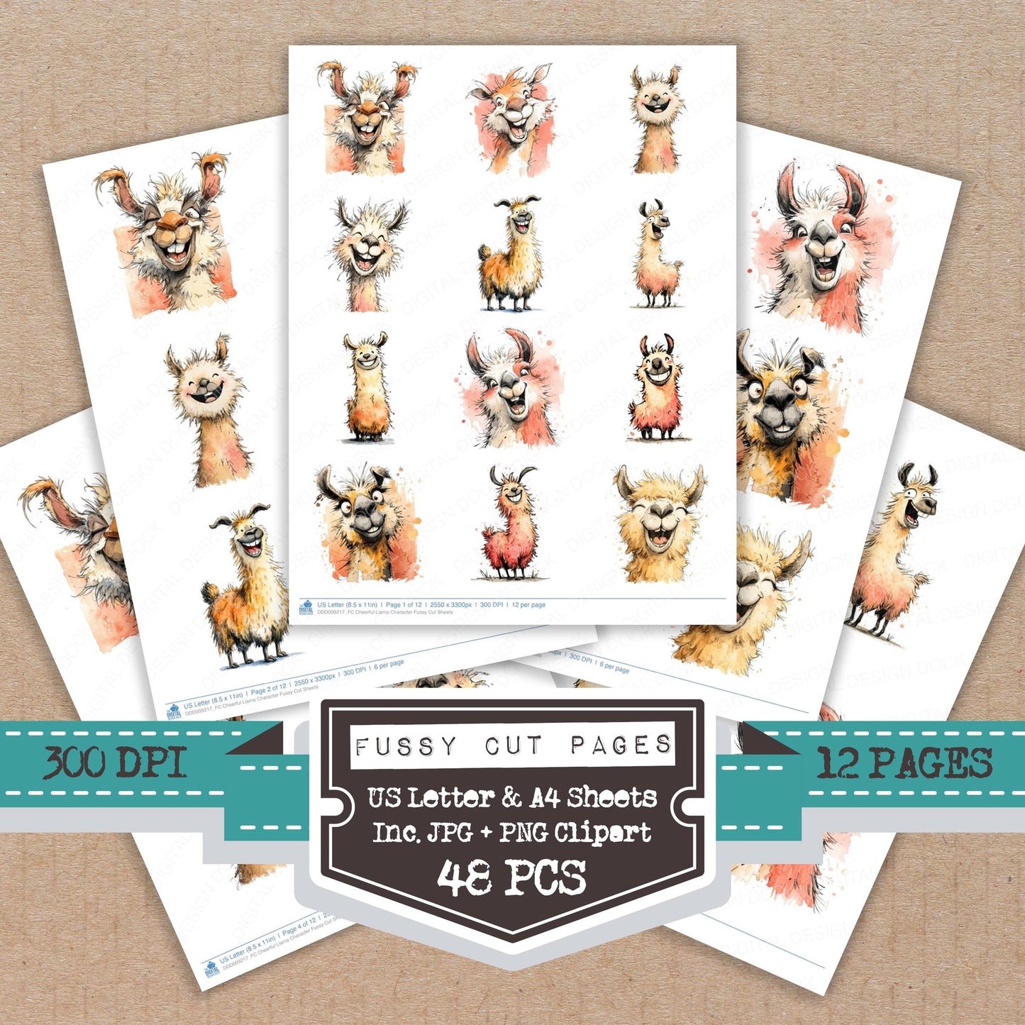 Cheerful Llama Character fussy cut printable sheets for junk journaling, scrapbooking, and paper craft projects