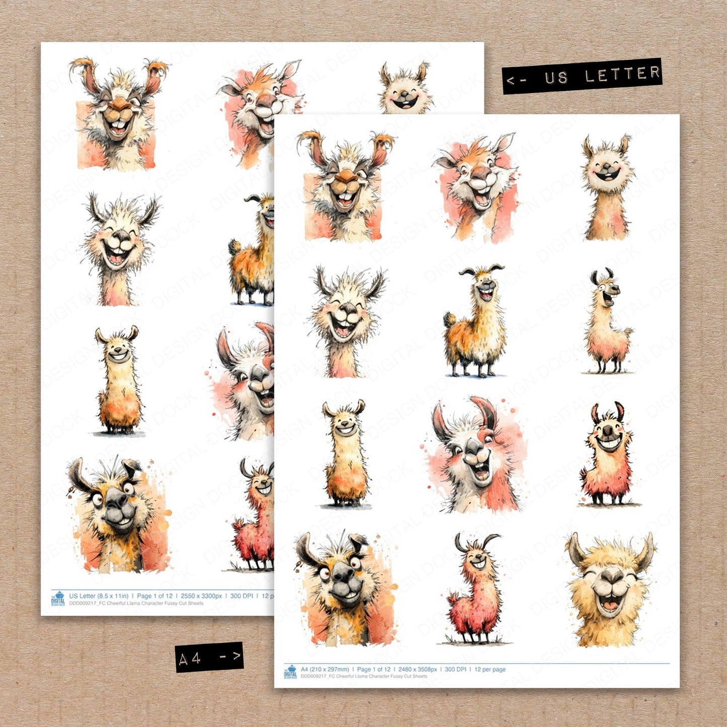 A4 and US Letter format comparison showing Cheerful Llama Character fussy cut pages for print and cut crafting