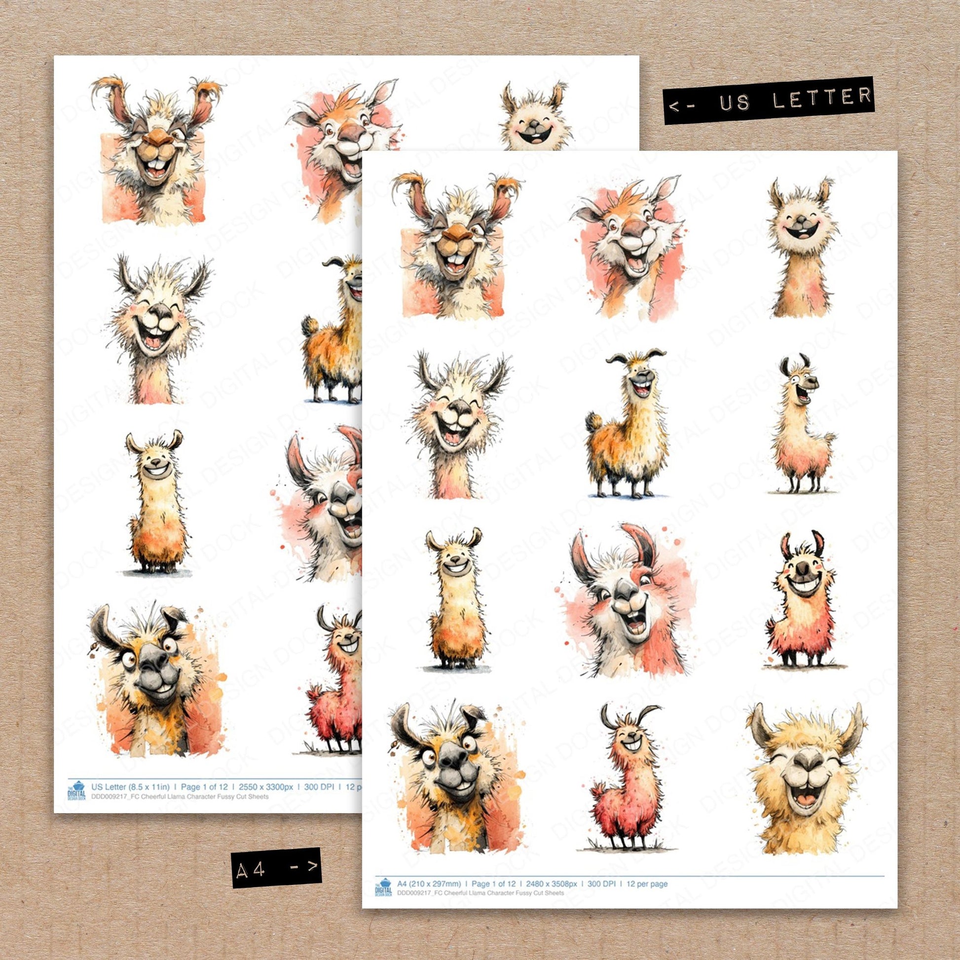 A4 and US Letter format comparison showing Cheerful Llama Character fussy cut pages for print and cut crafting