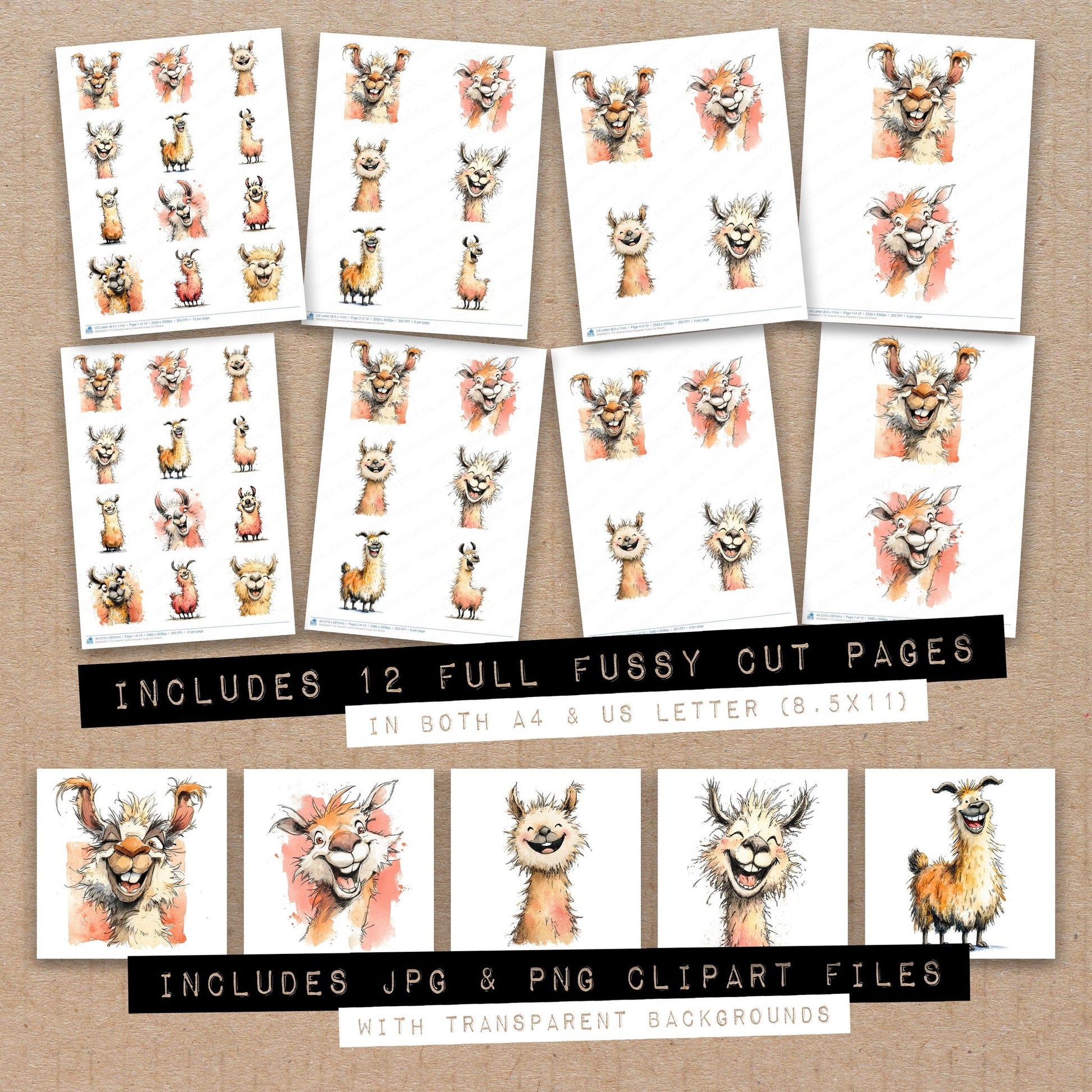 Full collection view of Cheerful Llama Character fussy cut sheets with bonus clipart JPG and PNG files