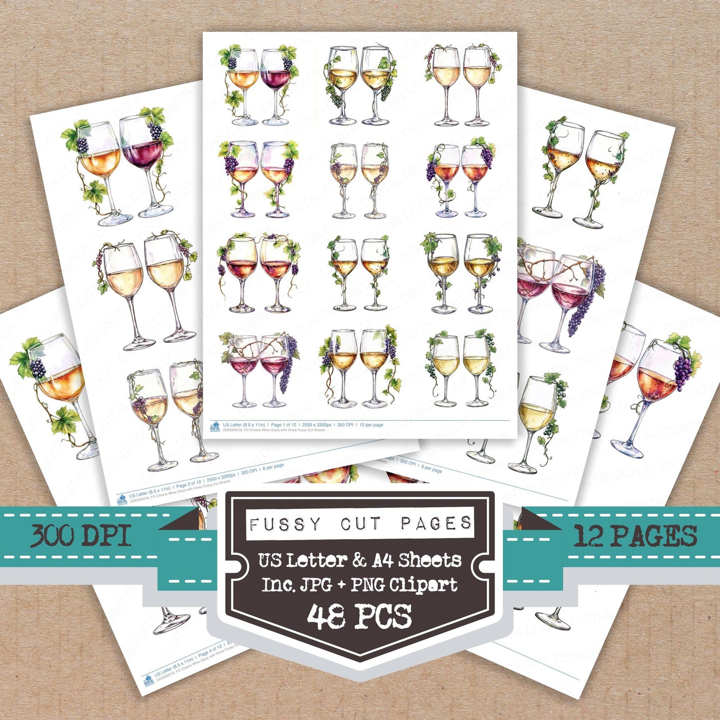 Cheers Wine Glass with Vines fussy cut printable sheets for junk journaling, scrapbooking, and paper craft projects