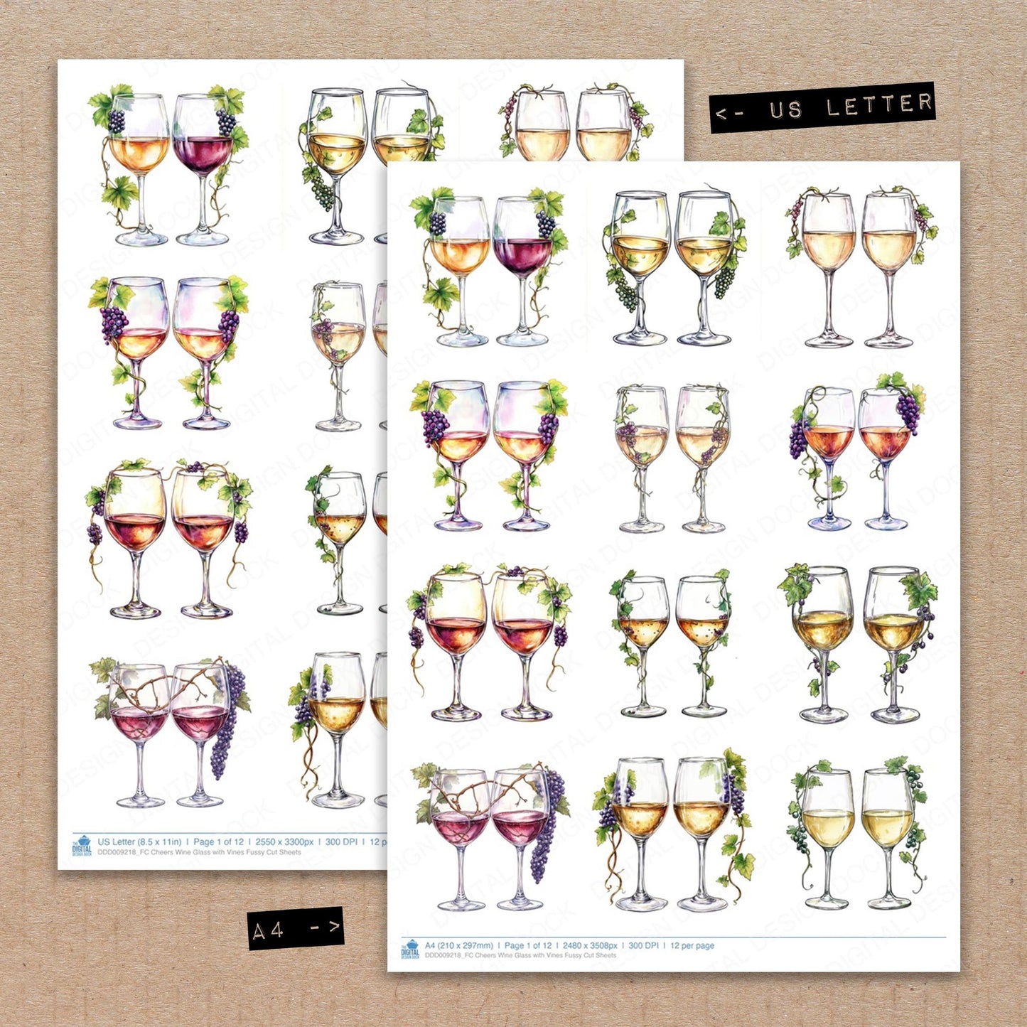 A4 and US Letter format comparison showing Cheers Wine Glass with Vines fussy cut pages for print and cut crafting