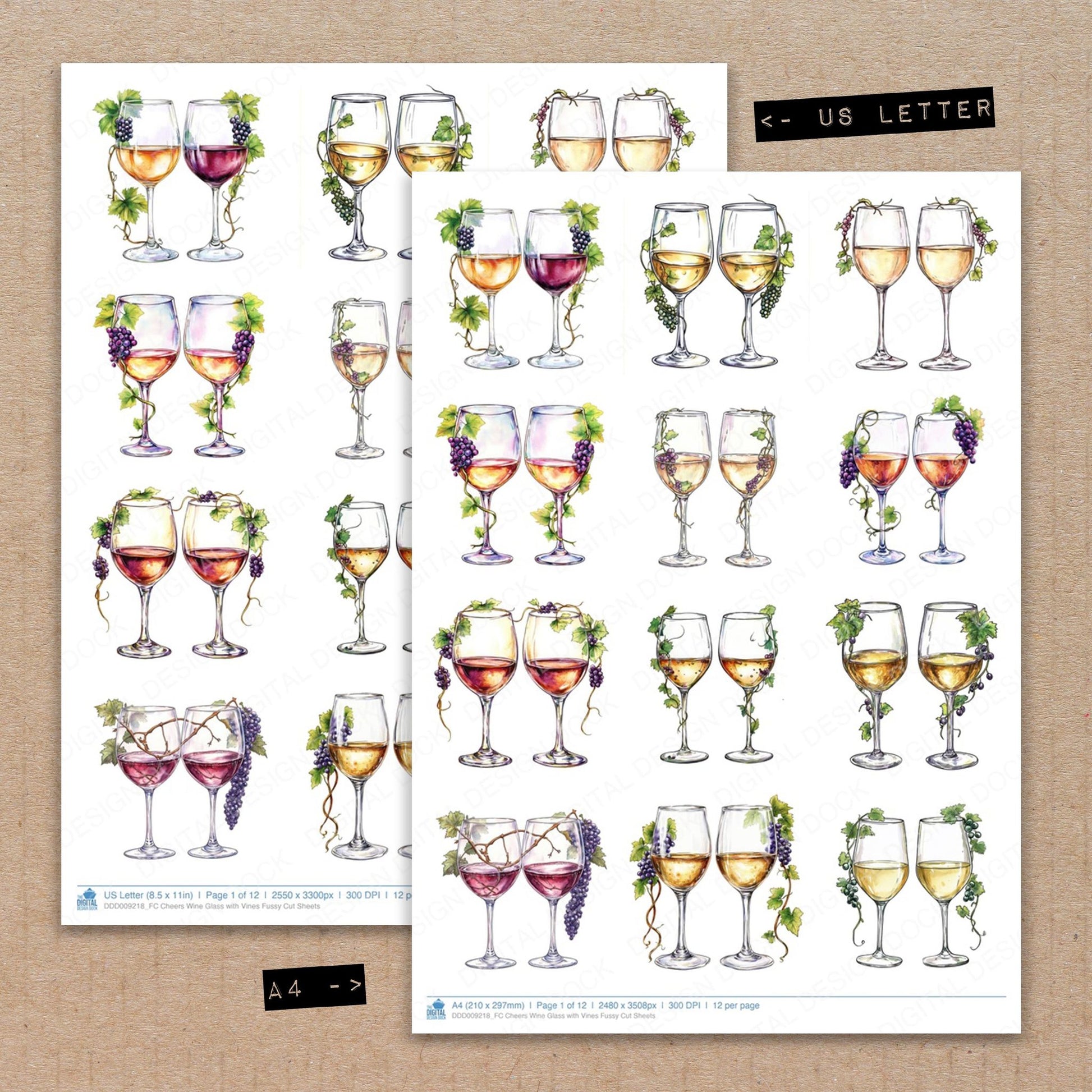 A4 and US Letter format comparison showing Cheers Wine Glass with Vines fussy cut pages for print and cut crafting