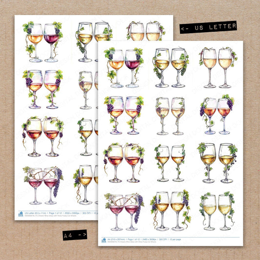 A4 and US Letter format comparison showing Cheers Wine Glass with Vines fussy cut pages for print and cut crafting