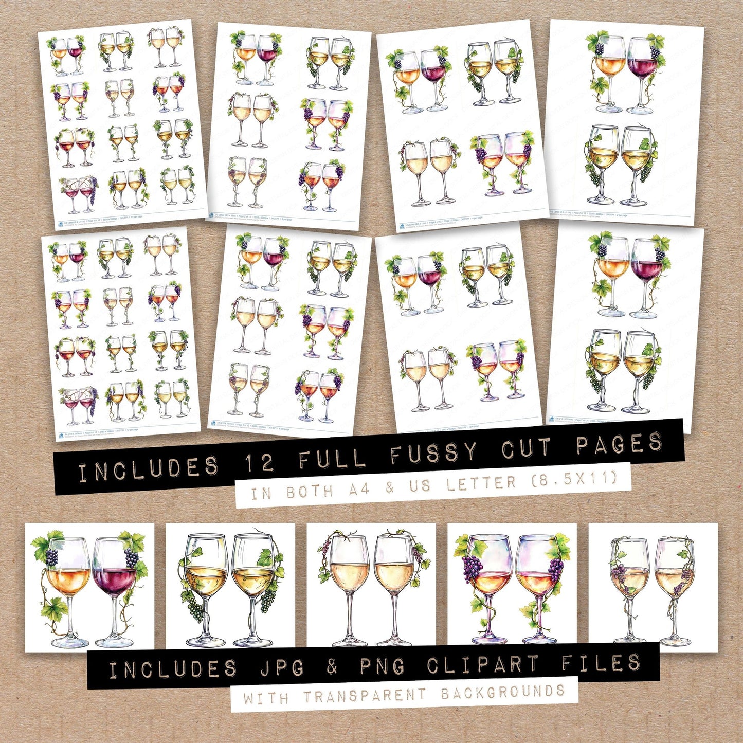 Full collection view of Cheers Wine Glass with Vines fussy cut sheets with bonus clipart JPG and PNG files