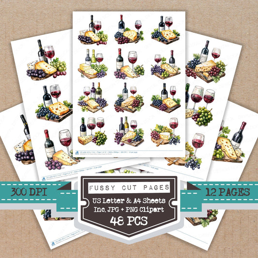 Cheese Wine Grapes fussy cut printable sheets for junk journaling, scrapbooking, and paper craft projects