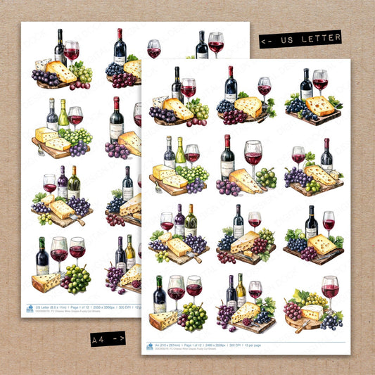 A4 and US Letter format comparison showing Cheese Wine Grapes fussy cut pages for print and cut crafting