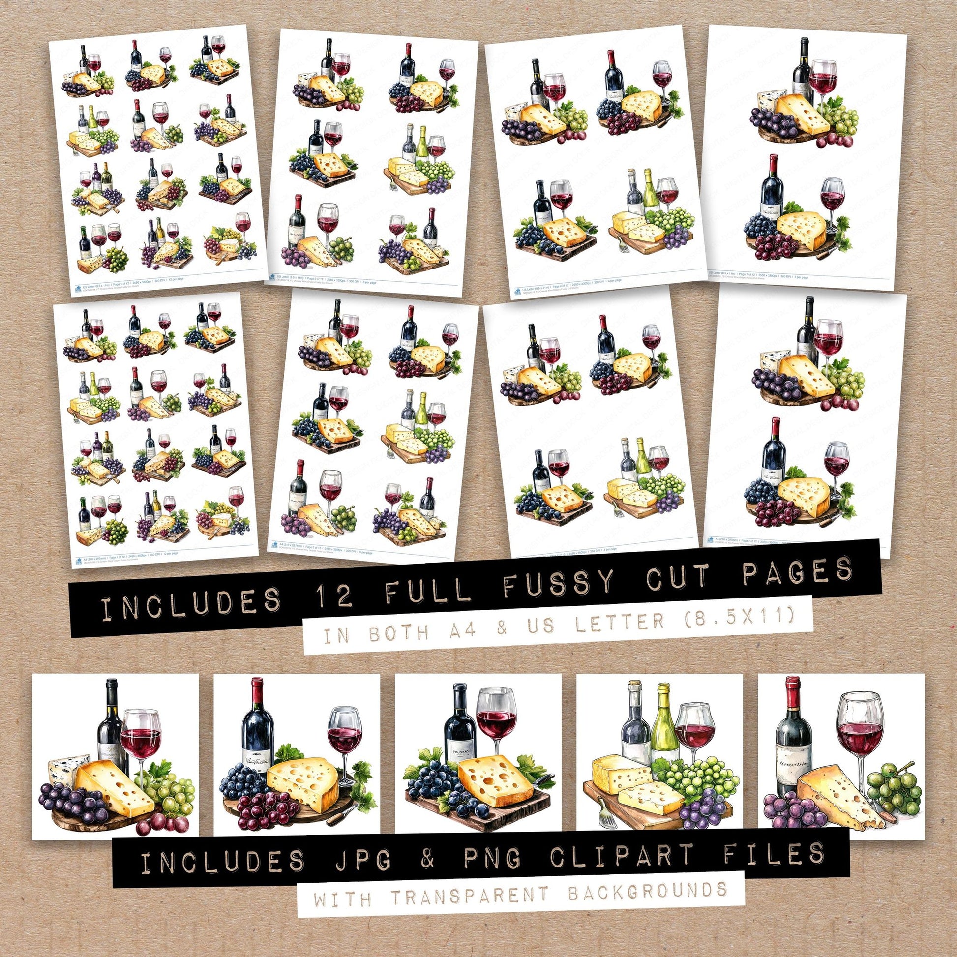 Full collection view of Cheese Wine Grapes fussy cut sheets with bonus clipart JPG and PNG files
