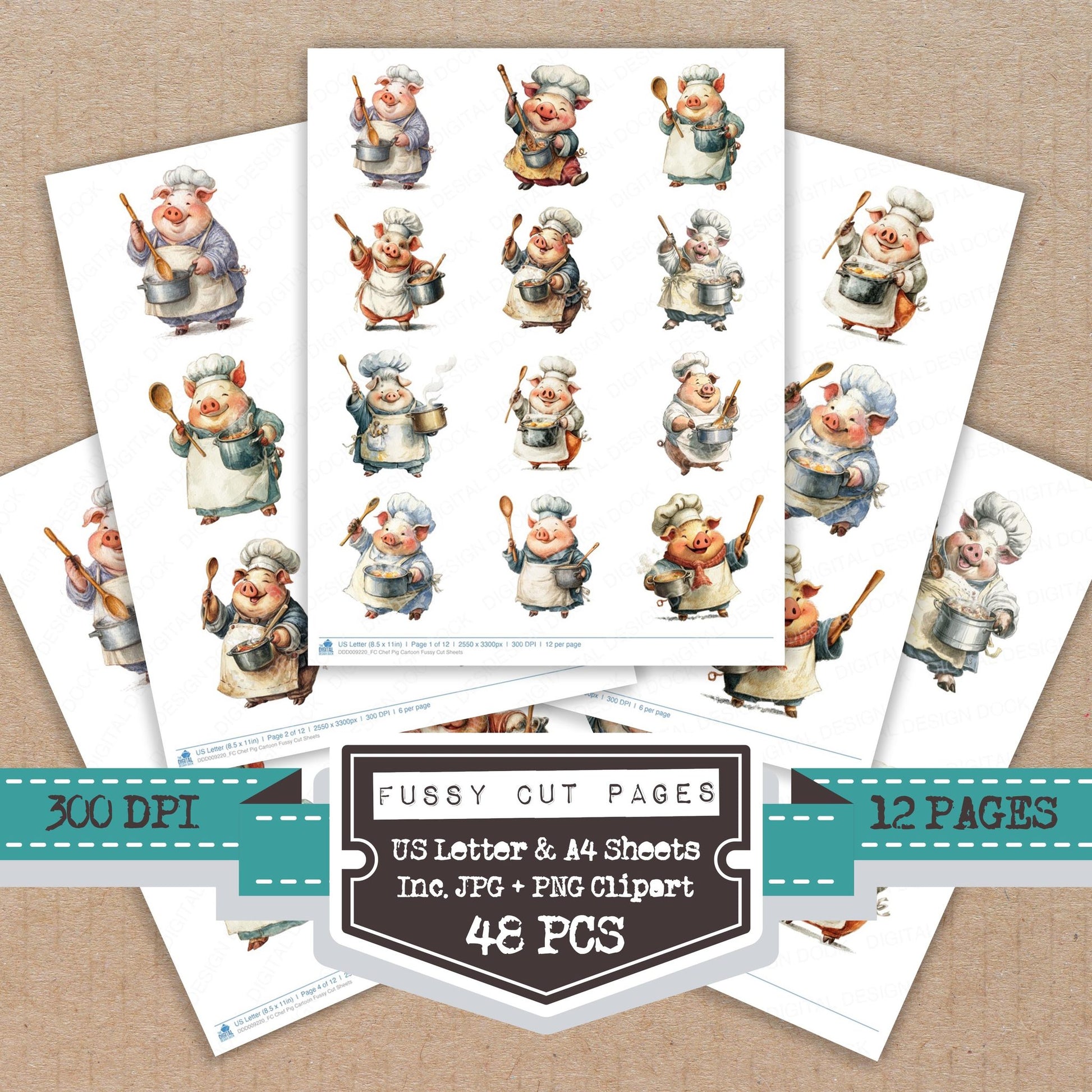 Chef Pig Cartoon fussy cut printable sheets for junk journaling, scrapbooking, and paper craft projects