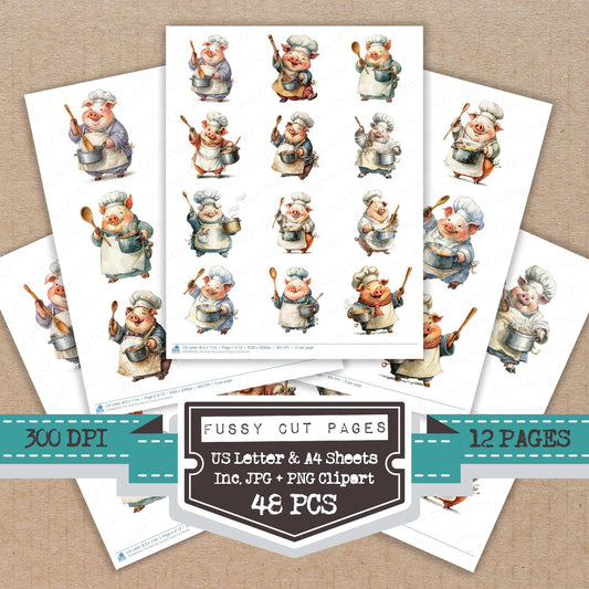 Chef Pig Cartoon fussy cut printable sheets for junk journaling, scrapbooking, and paper craft projects