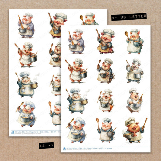 A4 and US Letter format comparison showing Chef Pig Cartoon fussy cut pages for print and cut crafting