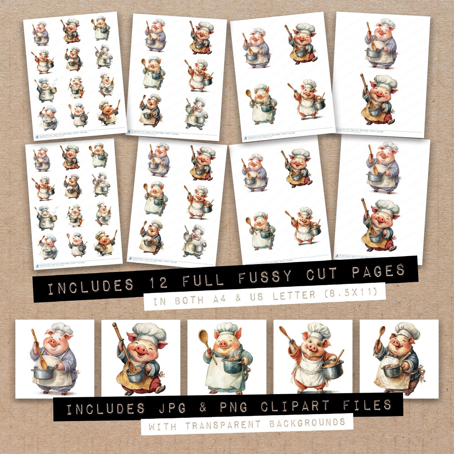 Full collection view of Chef Pig Cartoon fussy cut sheets with bonus clipart JPG and PNG files