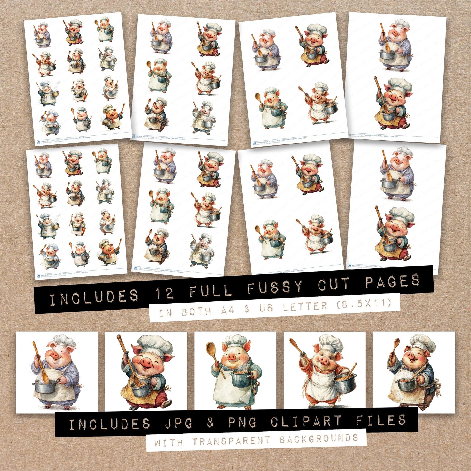 Full collection view of Chef Pig Cartoon fussy cut sheets with bonus clipart JPG and PNG files