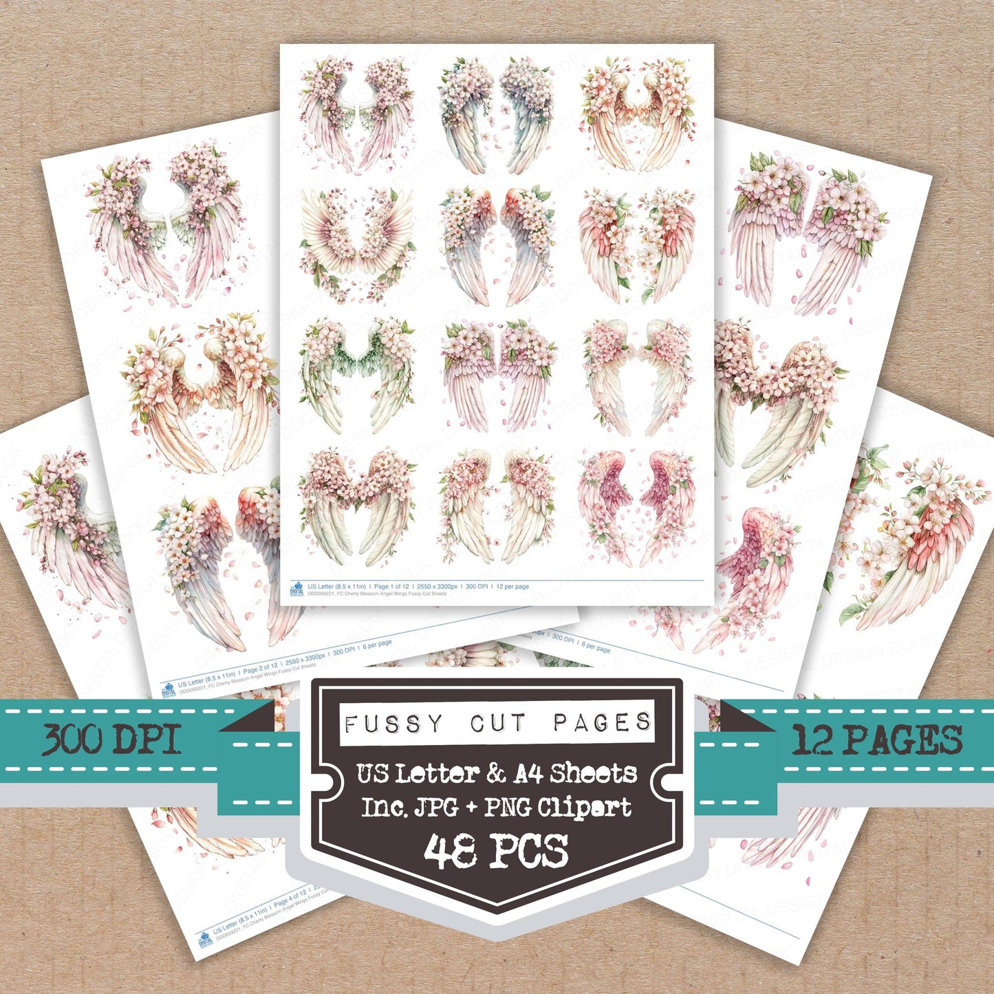 Cherry Blossom Angel Wings fussy cut printable sheets for junk journaling, scrapbooking, and paper craft projects
