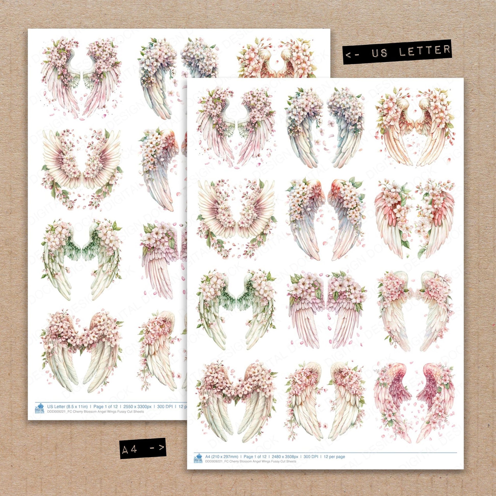 A4 and US Letter format comparison showing Cherry Blossom Angel Wings fussy cut pages for print and cut crafting